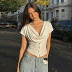 Front-Button Patchwork V-Neck T-Shirt