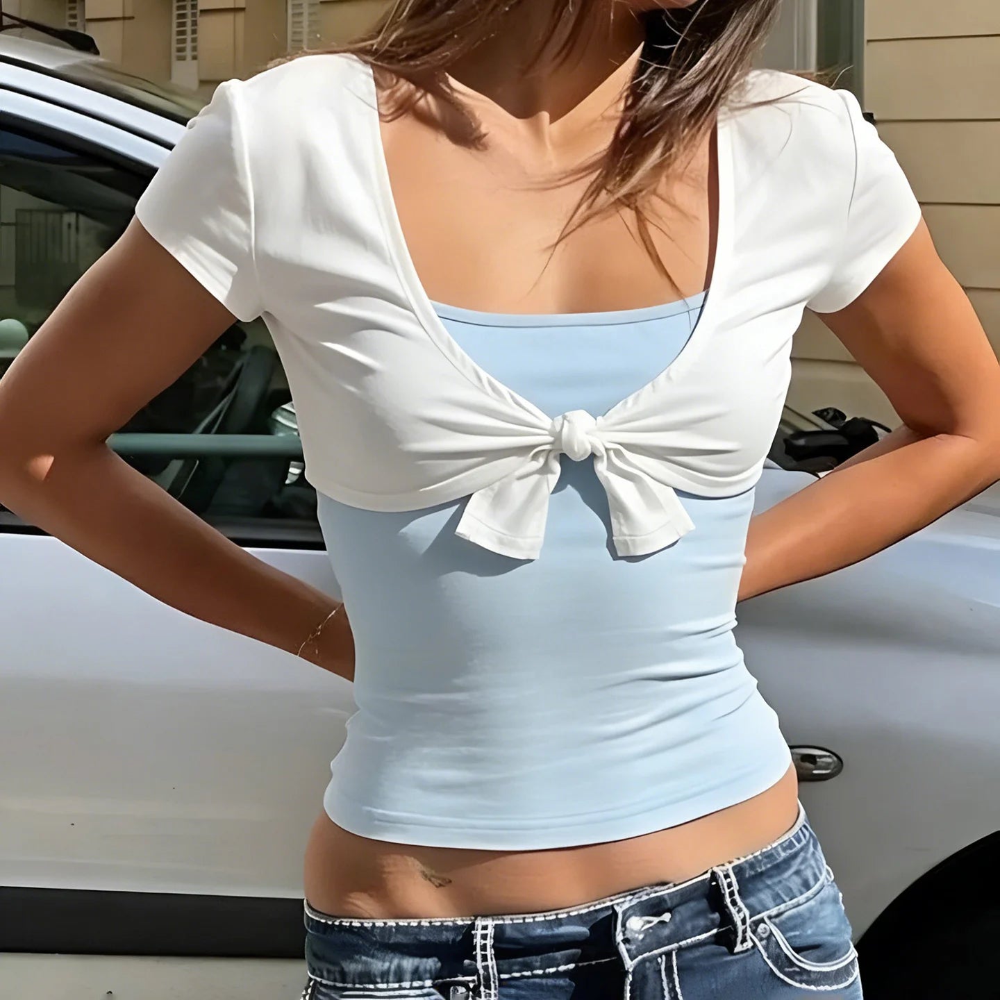 Casual Tie-Front Knot Crop Top