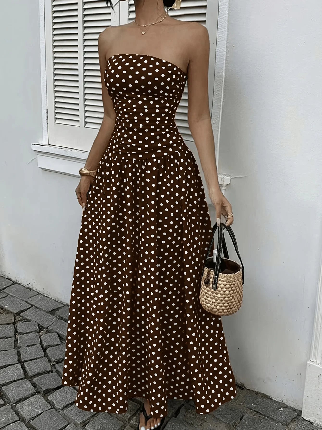 Polka Dot Long Brown Maxi Dress