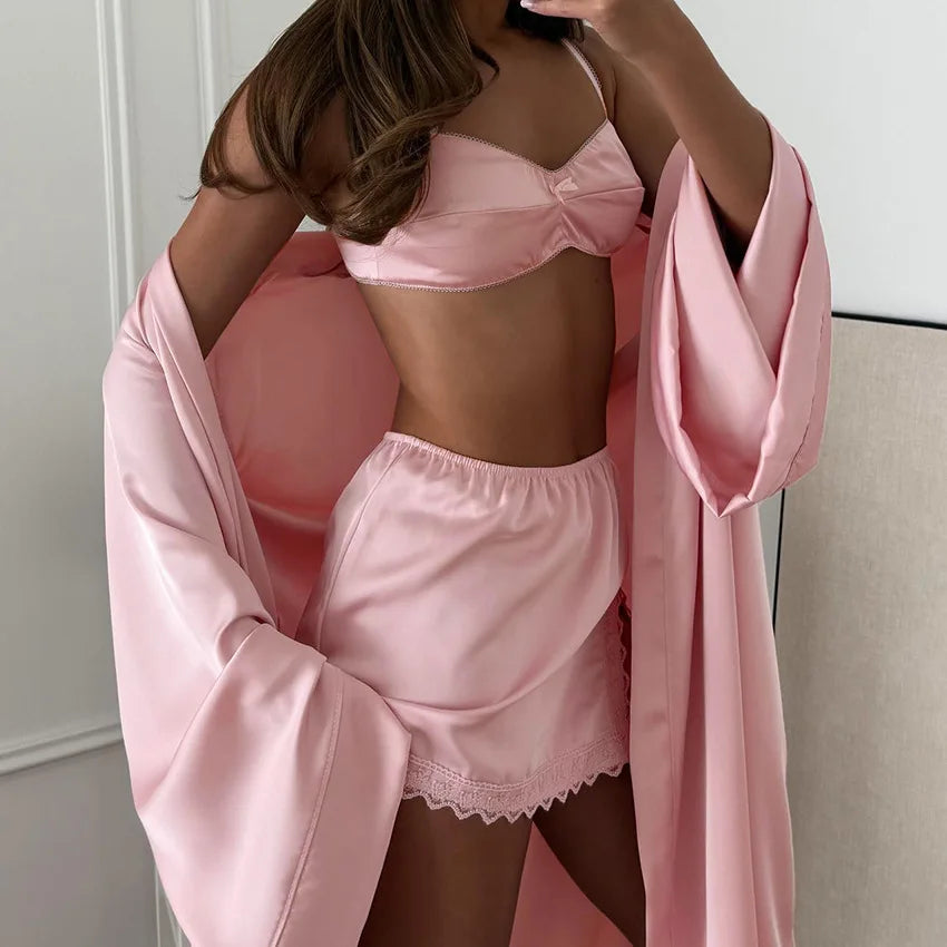 Pink Satin 3 Piece Pajama Set