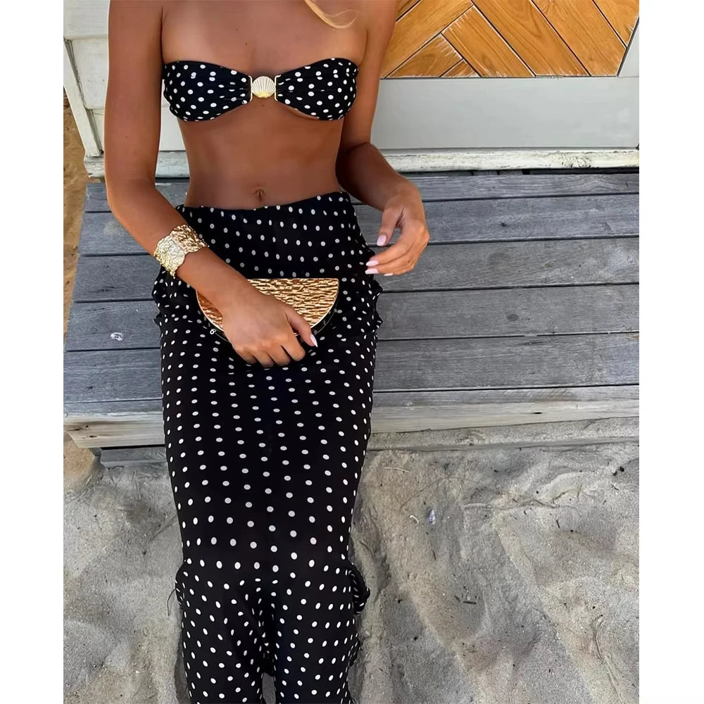 Polka Dot 3-Piece Bikini & Maxi Skirt Set