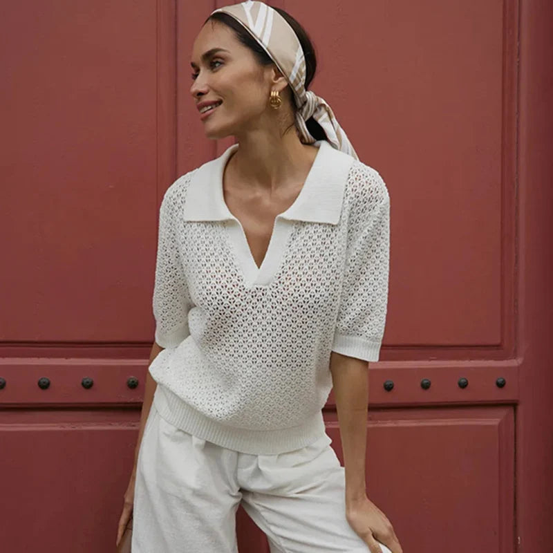 Short-Sleeve Knitted Polo Top