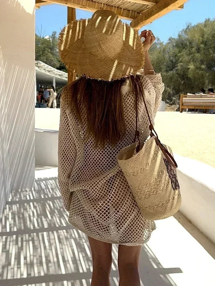 Knitted Long Sleeve Mini Dress Cover Up