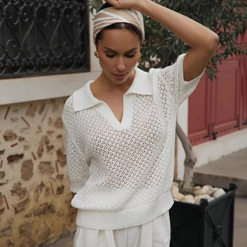Short-Sleeve Knitted Polo Top