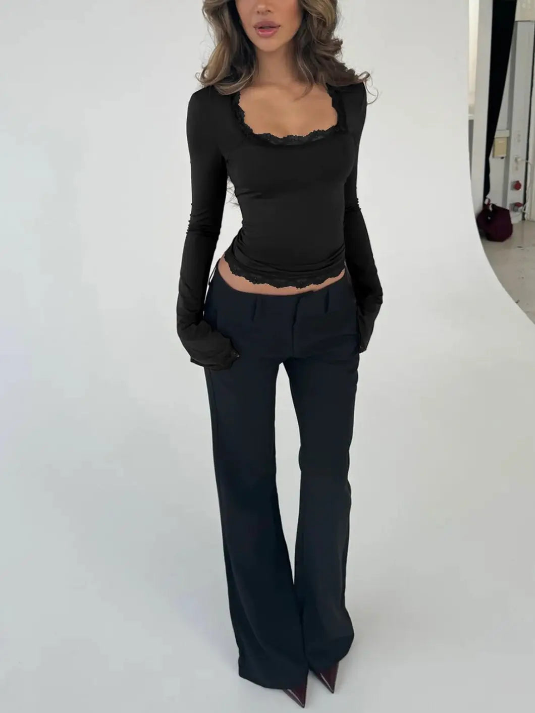 Ribbed Lace Long-Sleeved Top