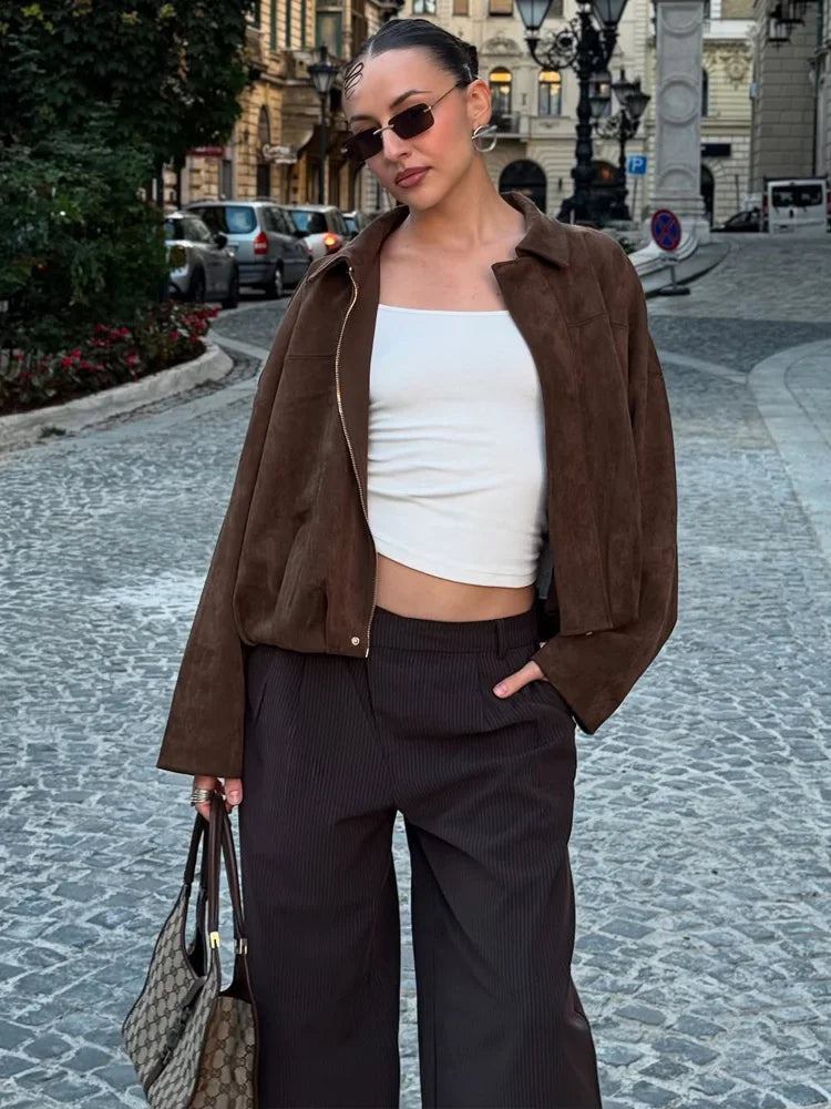 Suede-Texture Bomber Jacket