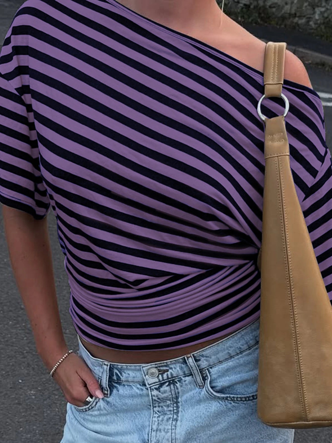 Inclined Shoulder Striped T-Shirt