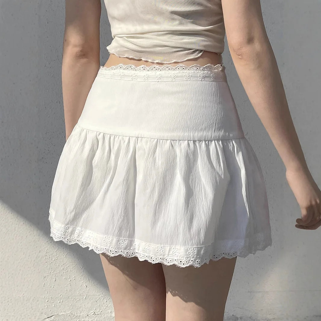High-Waist White Lace Cake Skirt