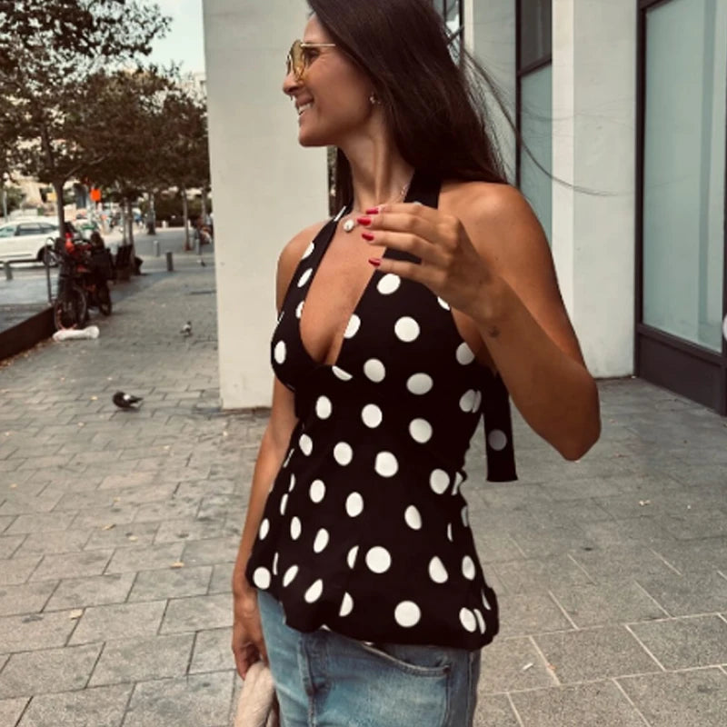 Black Polka Dot Corset Crop Top