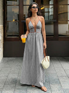 Deep V-neck Striped Beach Dress