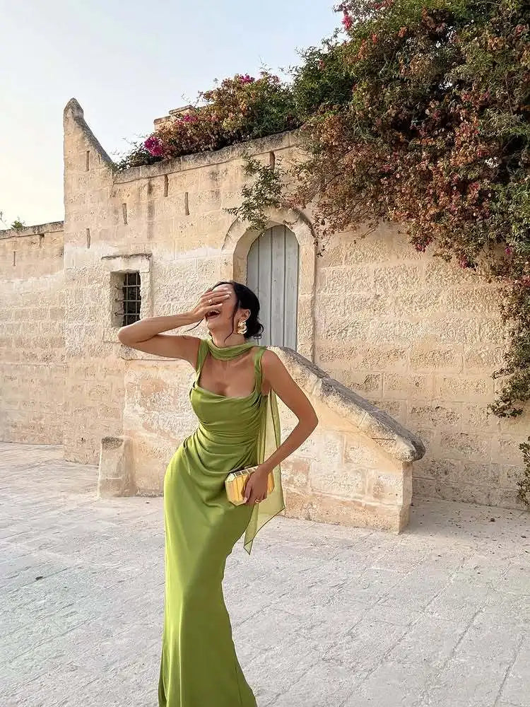Elegant Satin Ribbon Backless Dress