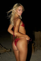 Red Bandeau Bikini Set with Black Beads