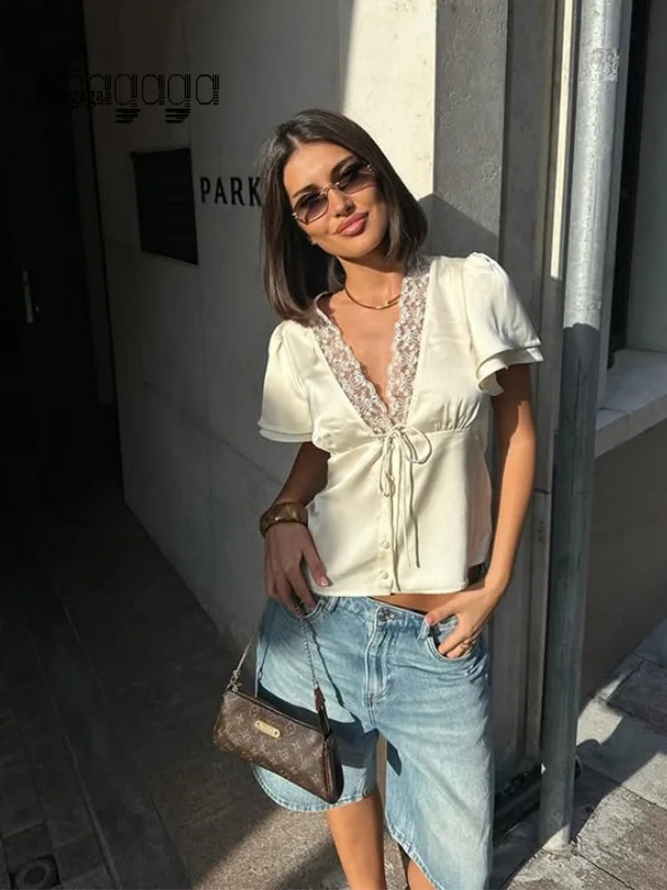 Satin Lace-Neck Tee