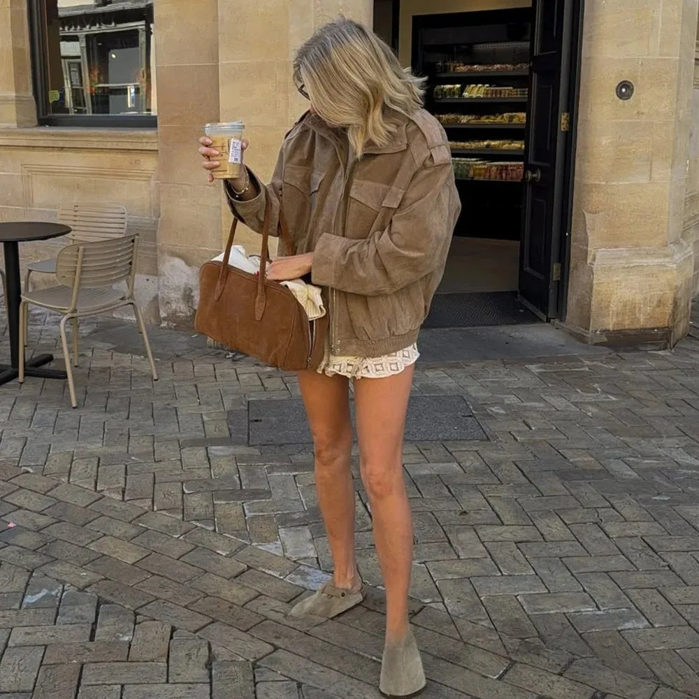 Straight-Cut Suede Bomber Jacket
