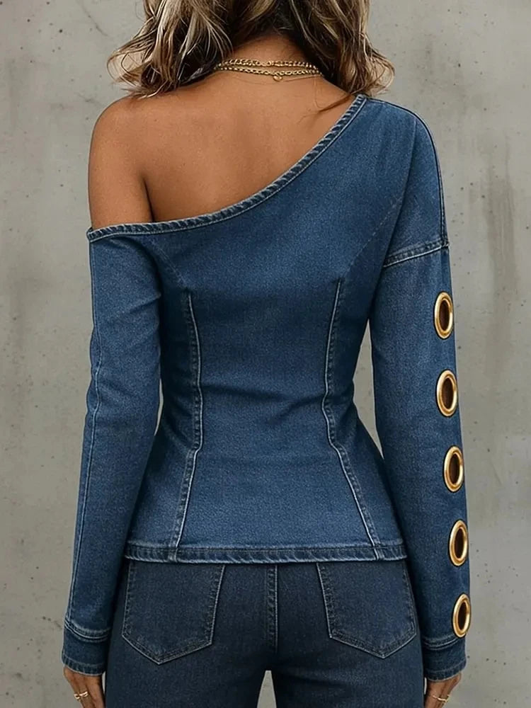 American Retro Denim Off-shoulder Top