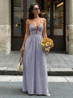 Deep V-neck Striped Beach Dress