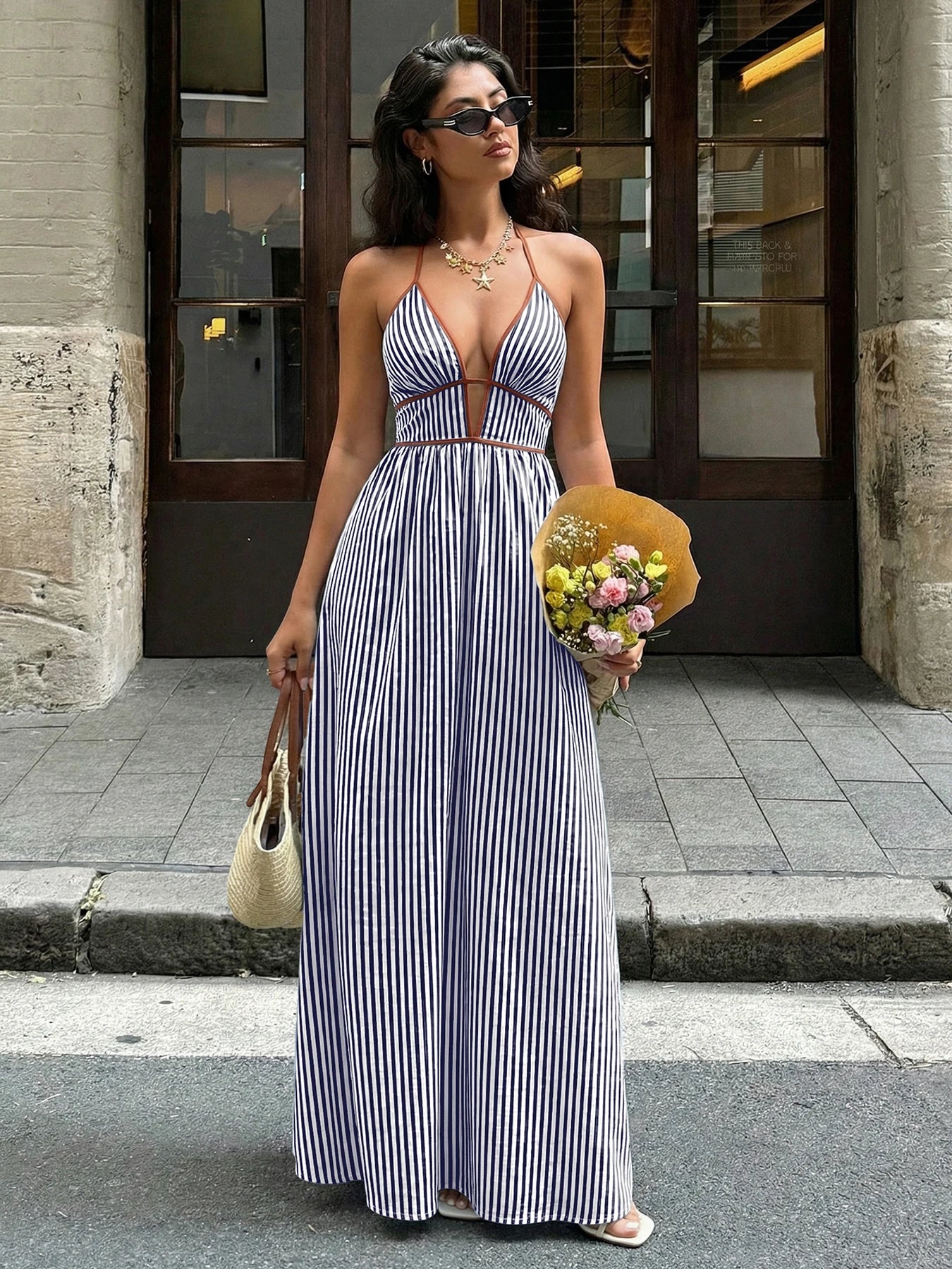 Deep V-neck Striped Beach Dress