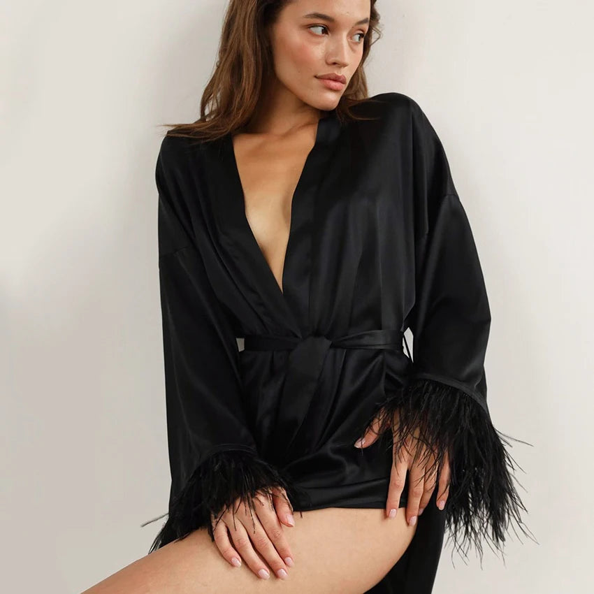 Feather Satin Mini Dress Robe