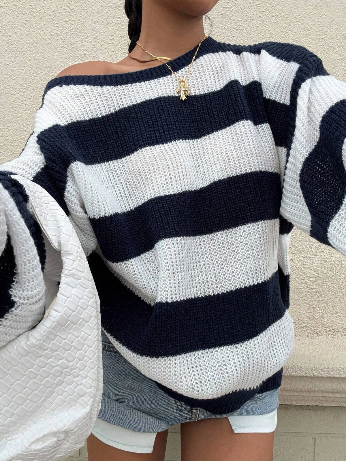Navy Blue & White Striped Knit Jumper