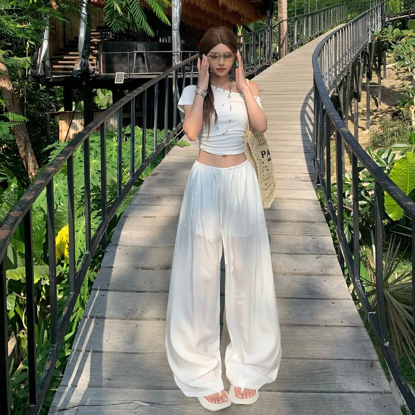 Draped Wide-Leg Beach Trousers