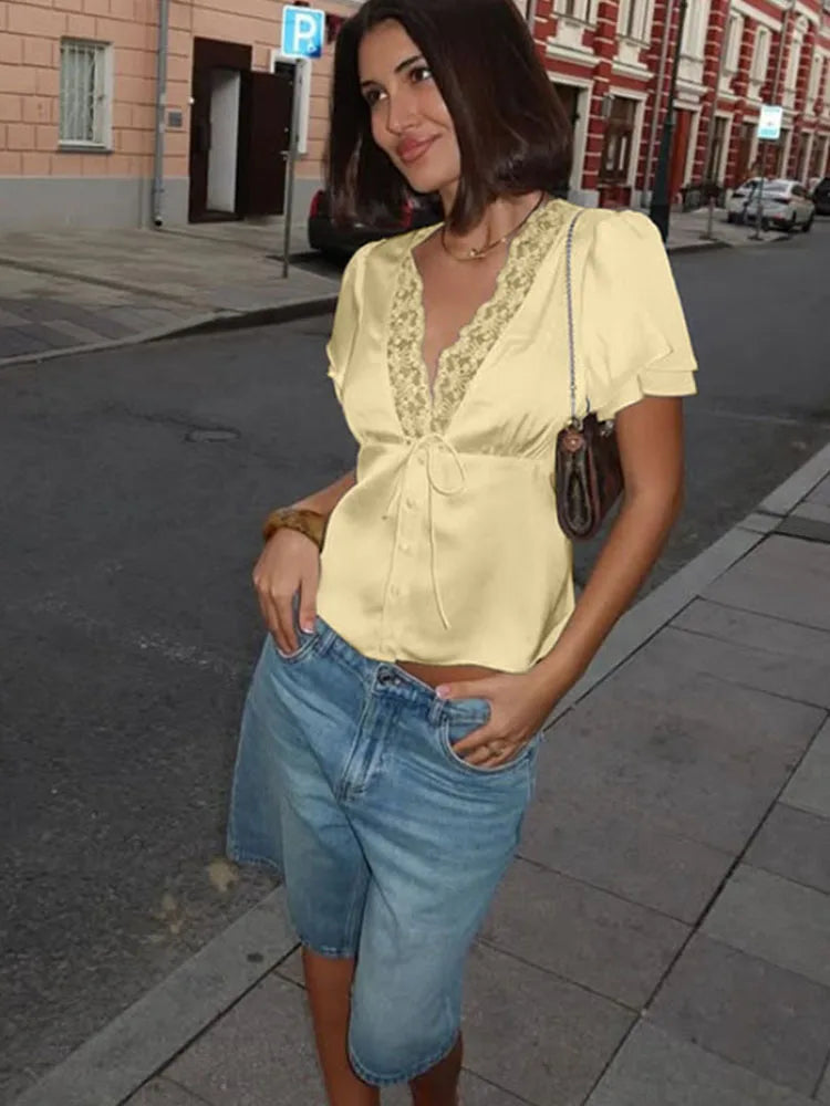 Satin Lace-Neck Tee