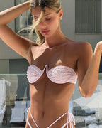 Light Blue & Pink Bikini Set with White Beads