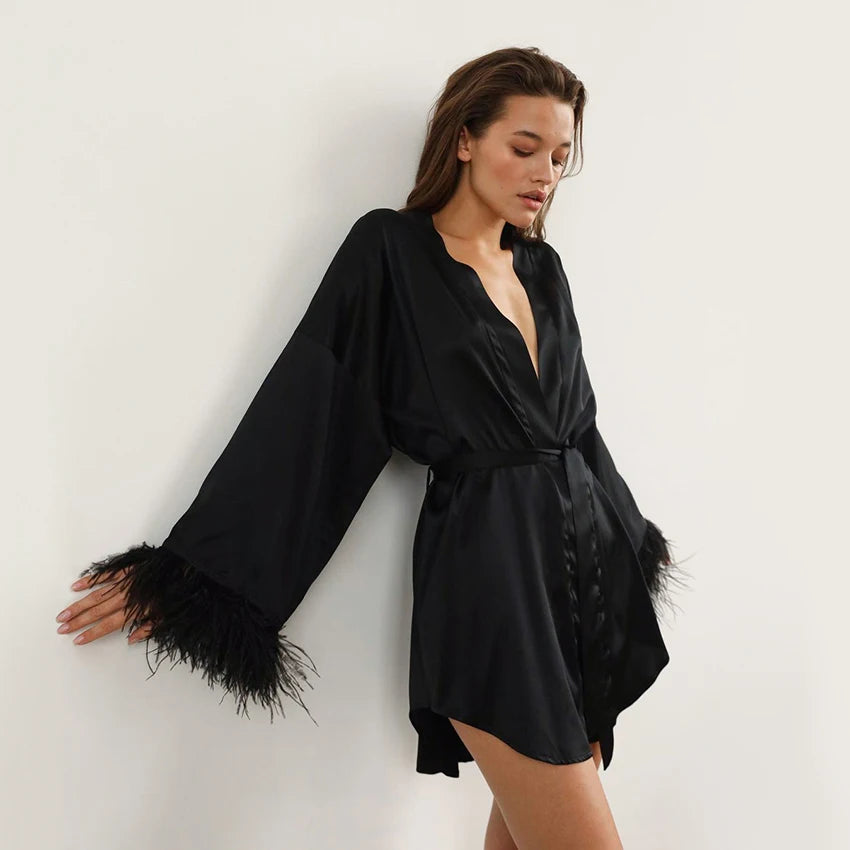 Feather Satin Mini Dress Robe