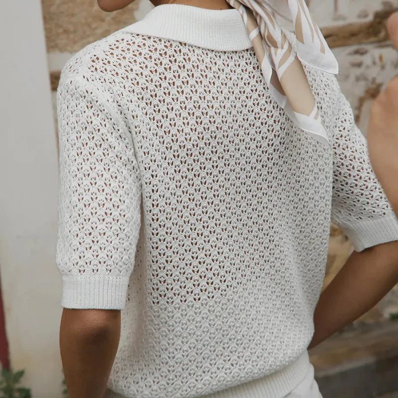 Short-Sleeve Knitted Polo Top