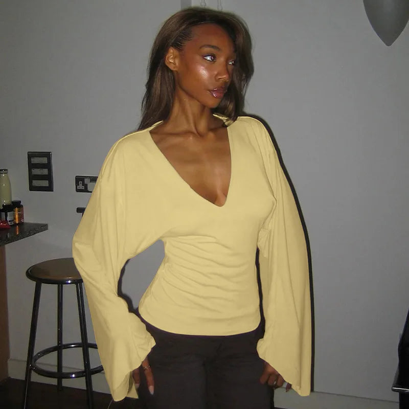 Deep V-Neck Flare-Sleeve Tee
