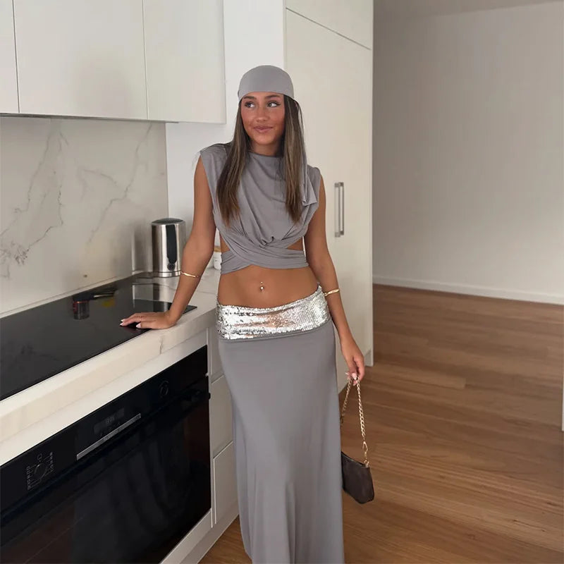 Backless Navel-Revealing Maxi Set