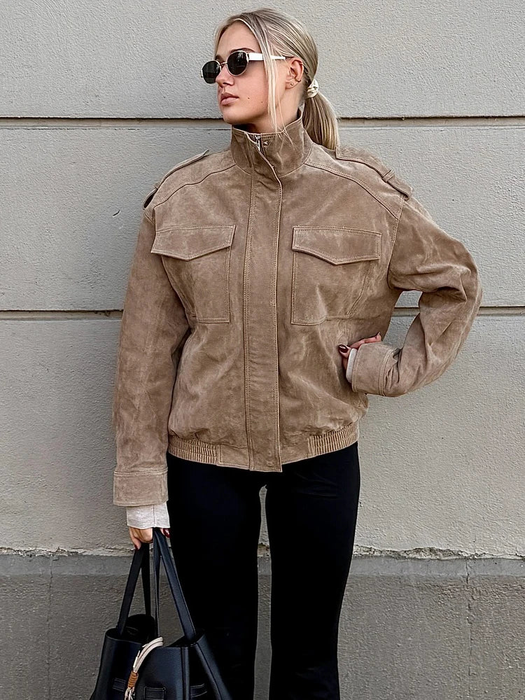 Vintage Suede Textured Leather Bomber Jacket