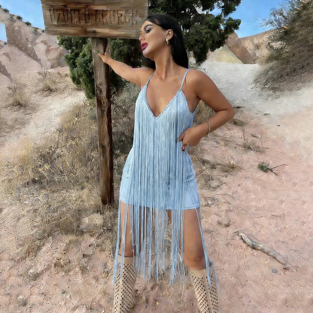 Tassel Patchwork Halter Mini Dress