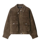 Brown Suede Lapel Zip-Up Jacket