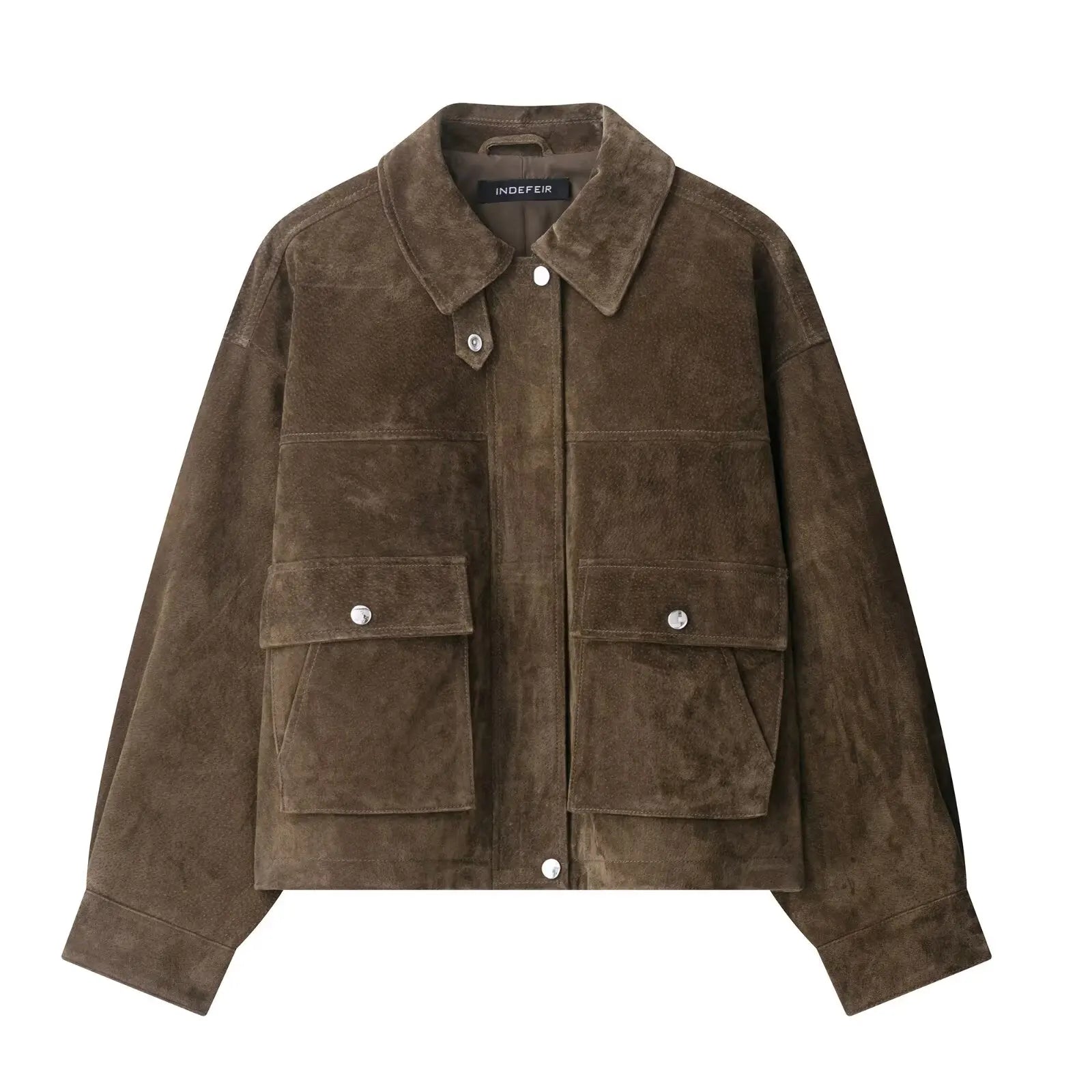 Brown Suede Lapel Zip-Up Jacket