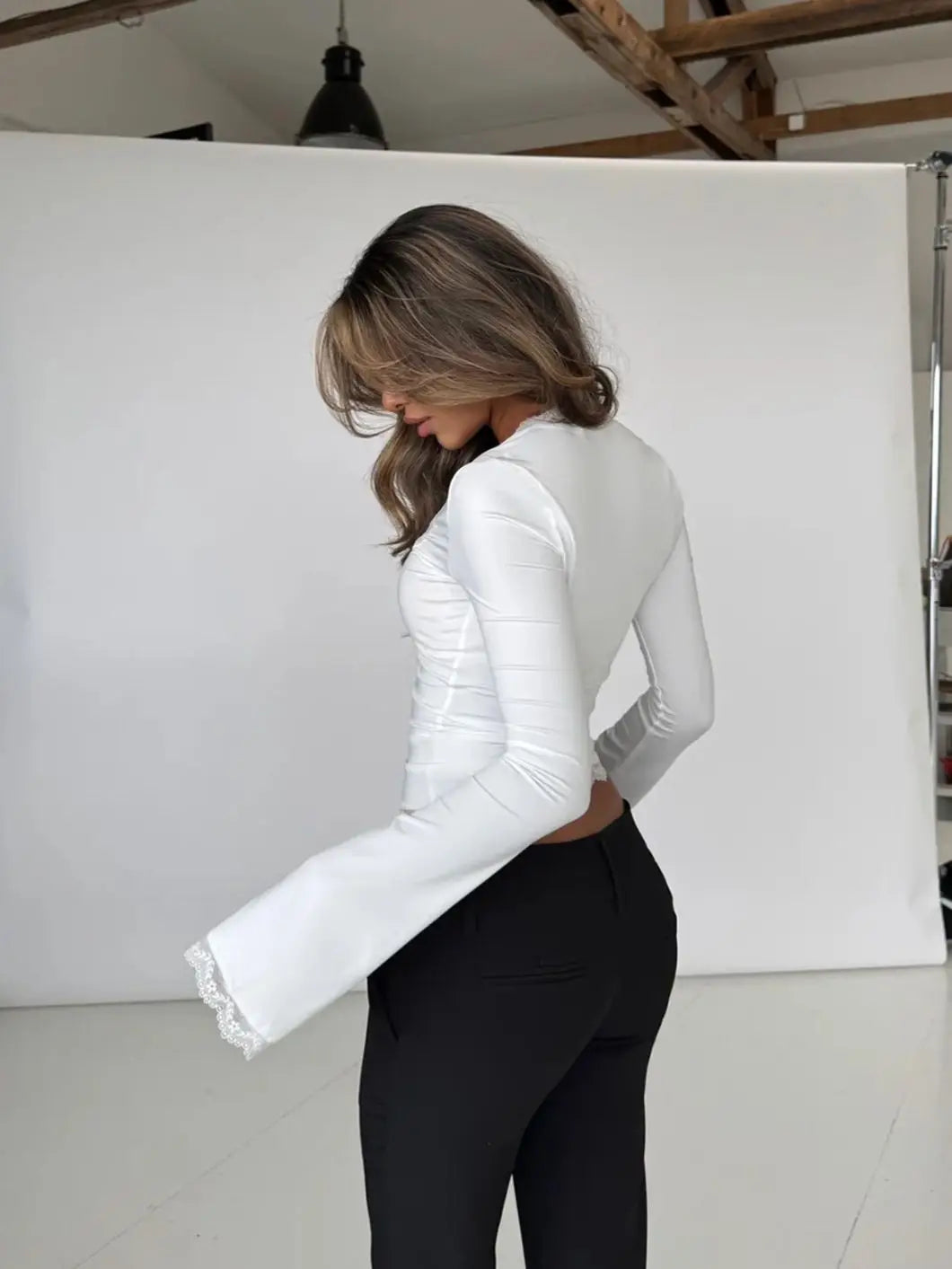 Ribbed Lace Long-Sleeved Top