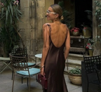 Clacive Brown Satin Backless Maxi Dress