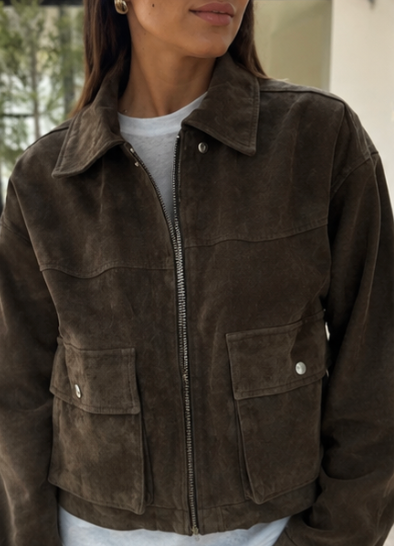 Green Faux Suede Bomber Jacket