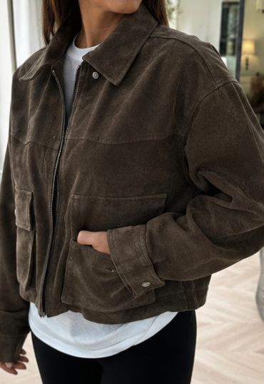 Green Faux Suede Bomber Jacket