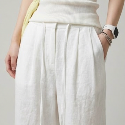 White Cotton Linen Wide Leg Pants