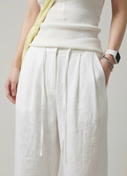 White Cotton Linen Wide Leg Pants