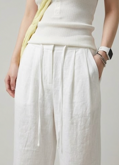White Cotton Linen Wide Leg Pants
