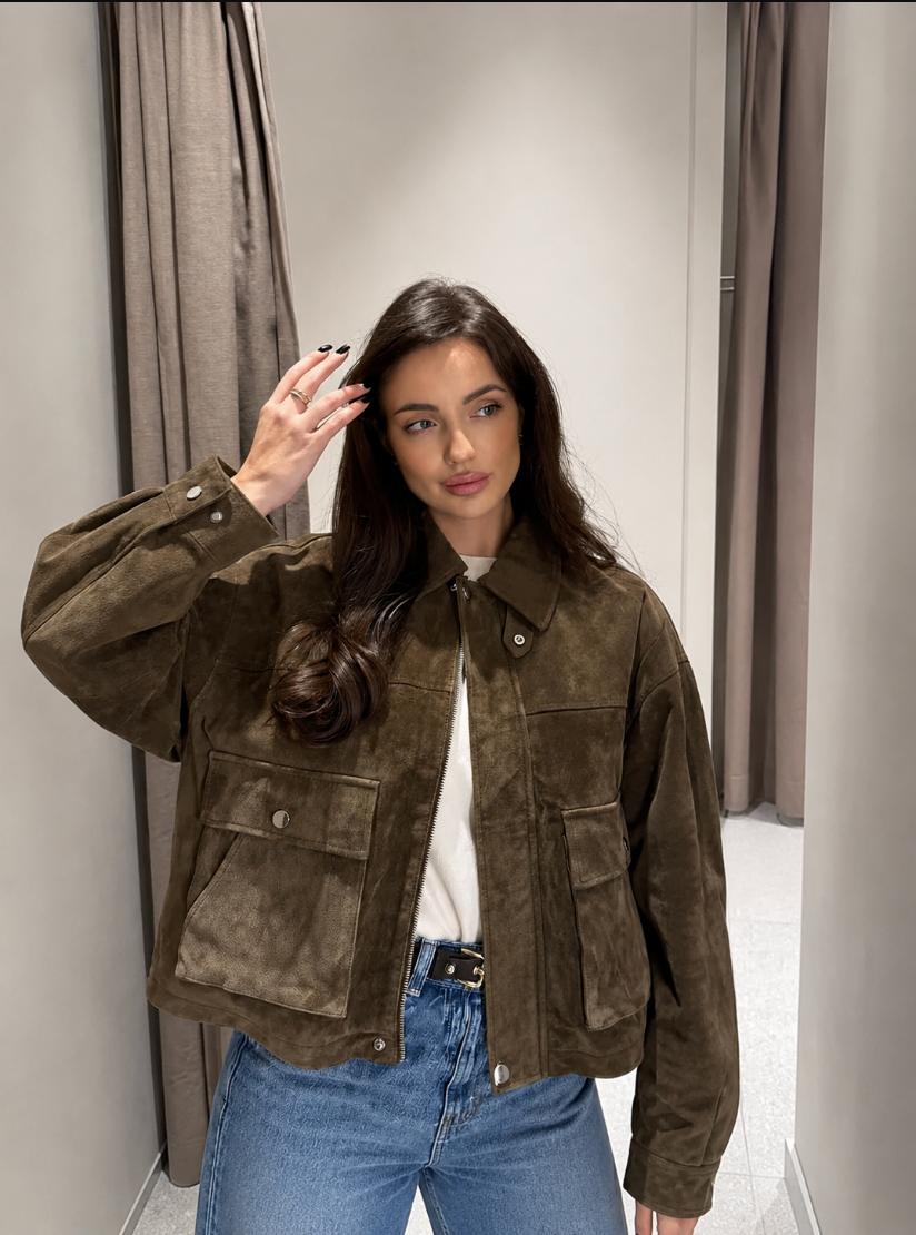 Olive Green Suede Lapel Jacket