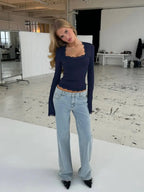 Ribbed Lace Long-Sleeved Top