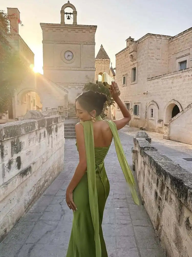 Elegant Satin Ribbon Backless Dress