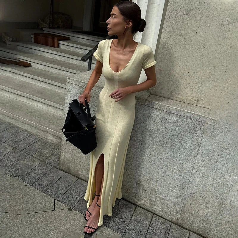 Short-Sleeved Knitted Midi Dress
