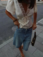 Satin Lace-Neck Tee