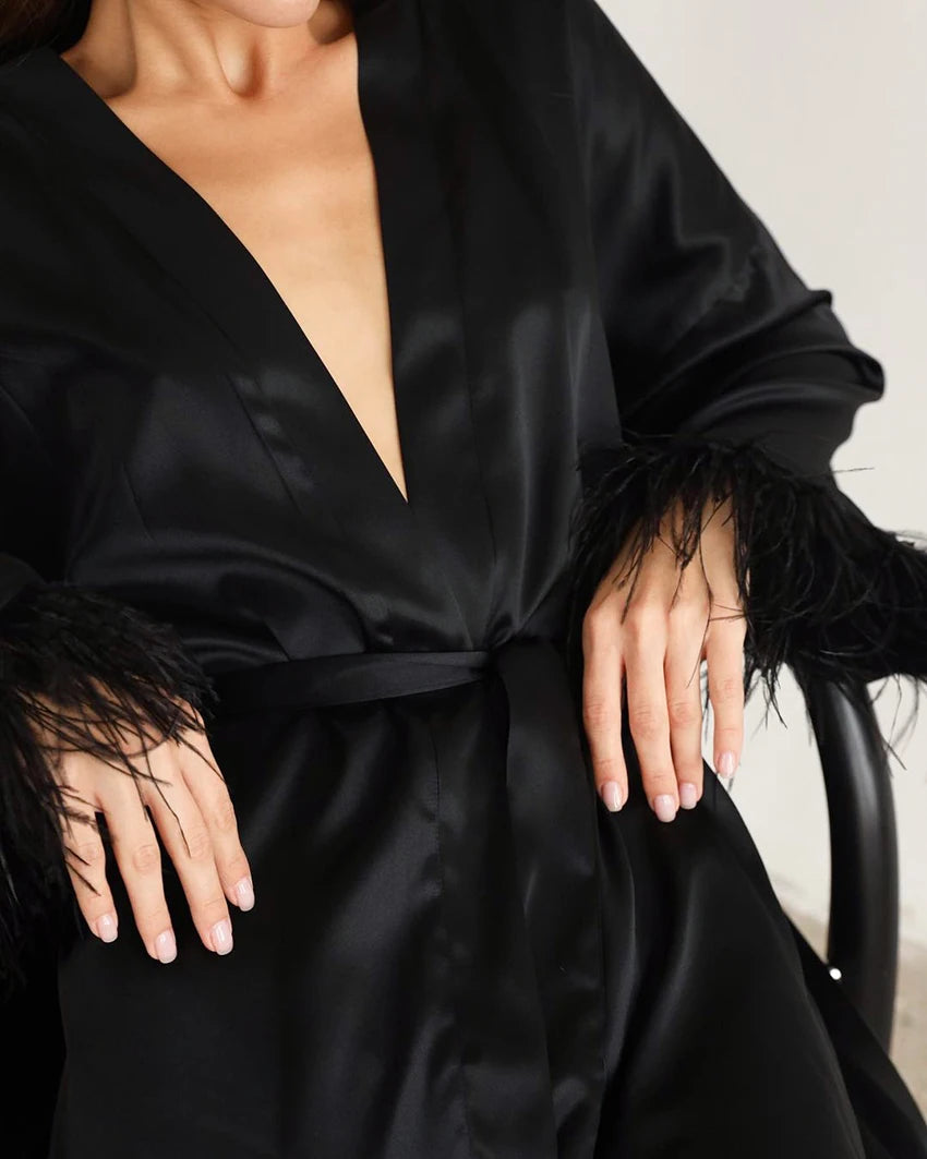 Feather Satin Mini Dress Robe