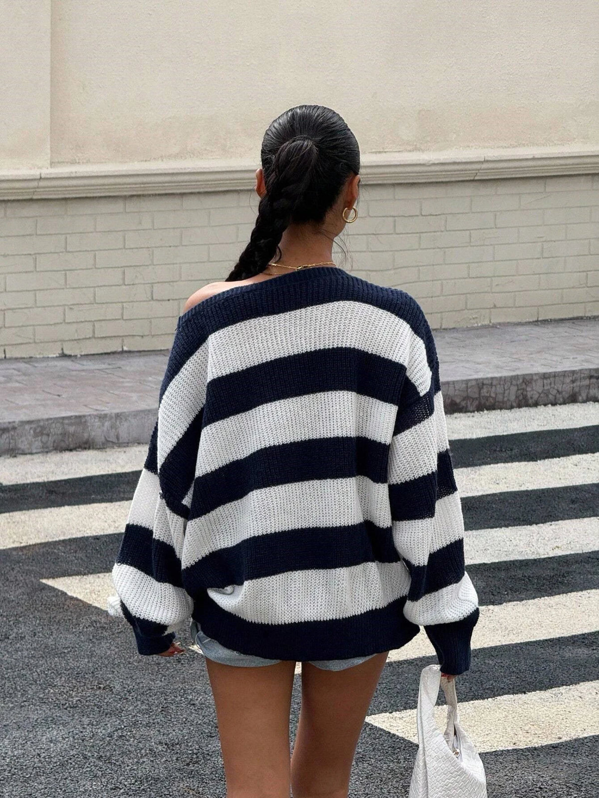 Navy Blue & White Striped Knit Jumper