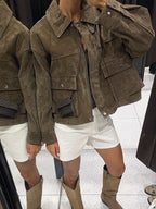 Brown Suede Lapel Zip-Up Jacket