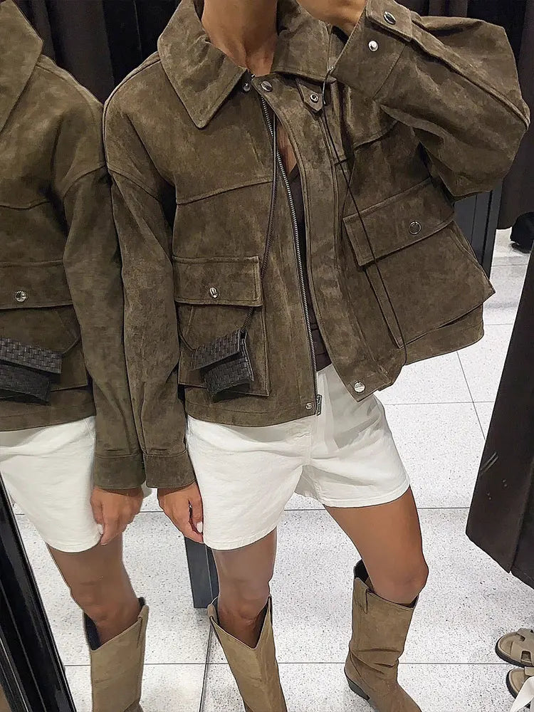 Brown Suede Lapel Zip-Up Jacket